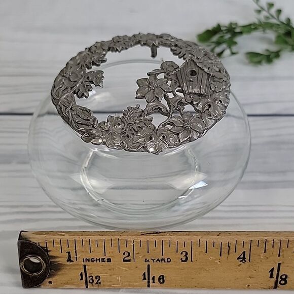 Trinket Jewelry Dish Diamond Cut Pewter And Glass Floral Birdhouse Design - Picture 8 of 8